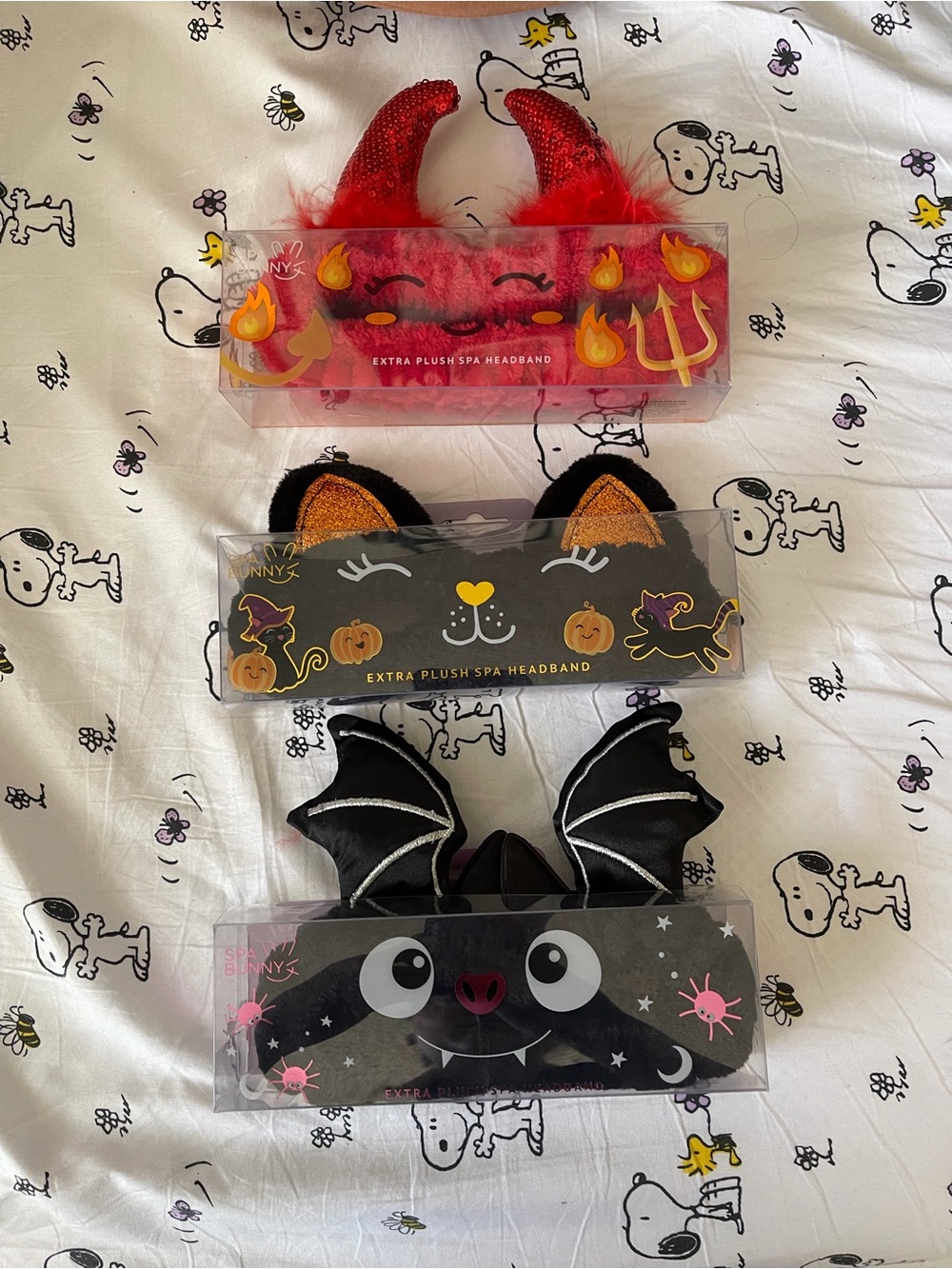 Set of 3 Halloween Plush Spa Headbands - Devil, Cat, Bat